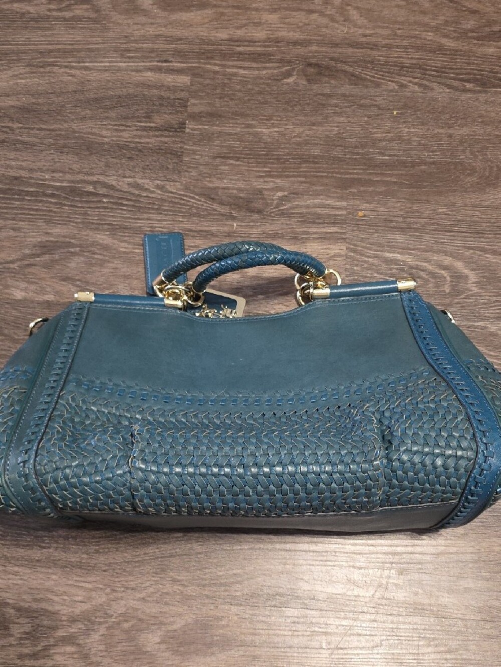 Coach Teal Woven Leather Tote with Gold Hardware - Picture 4 of 13